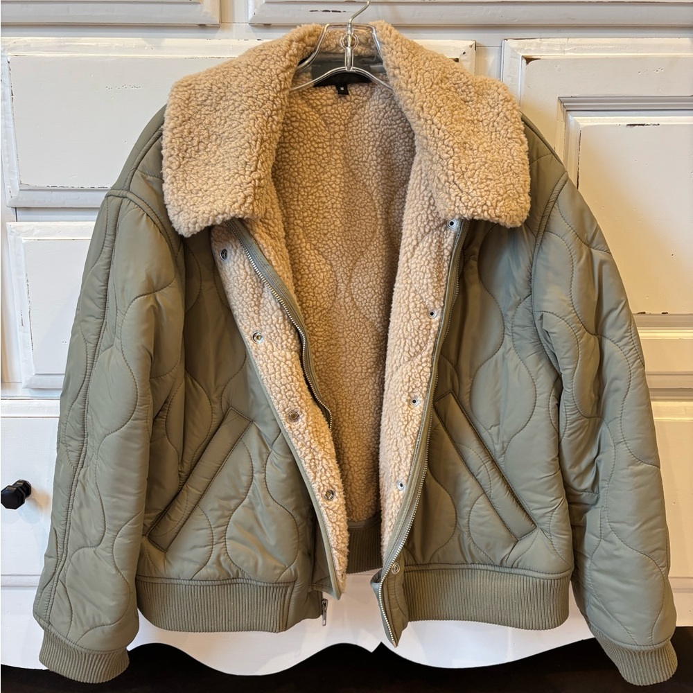 Quilted Olive Green Sherpa-Lined Bomber Jacket